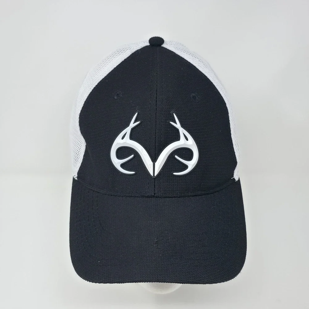 Realtree Outdoor Cap Hat Stretch Fit Size S/M Black White Mesh Mens Rubber Patch